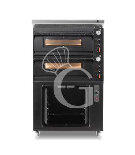 Forno pizza elettrico meccanico 4 + 4 pizze Ø 350 mm - 12 Kw con design nero, cappa inox e cella di lievitazione nera