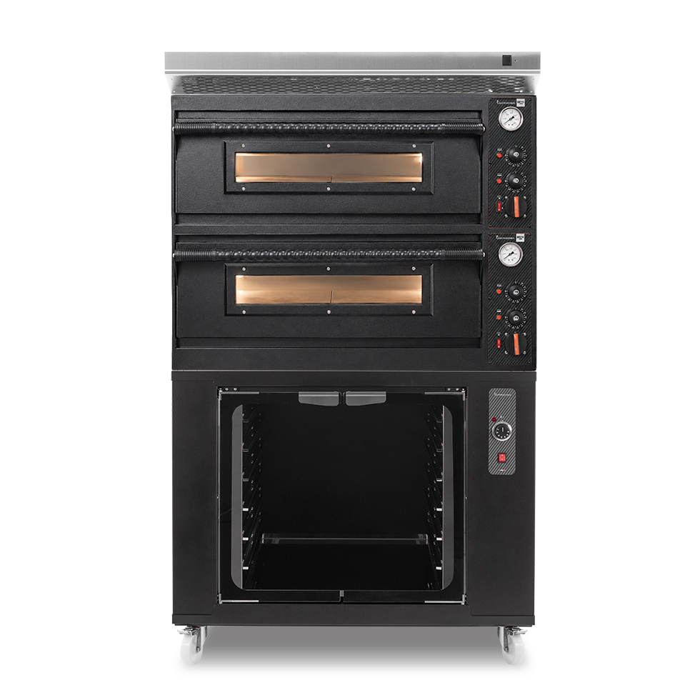 Forno pizza elettrico meccanico 4 + 4 pizze Ø 350 mm - 12 Kw con design nero, cappa inox e cella di lievitazione nera