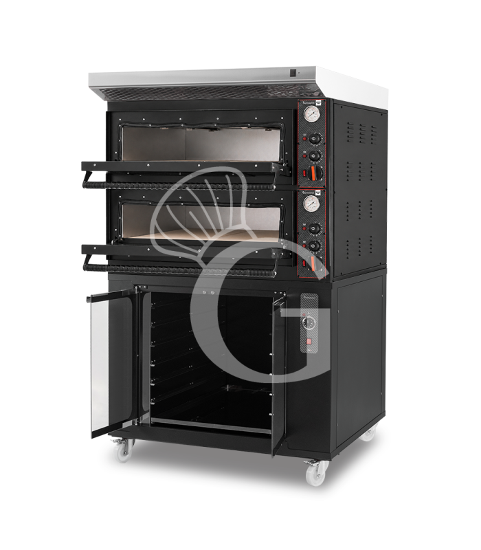 Forno pizza elettrico meccanico 4 + 4 pizze Ø 350 mm - 12 Kw con design nero, cappa inox e cella di lievitazione nera