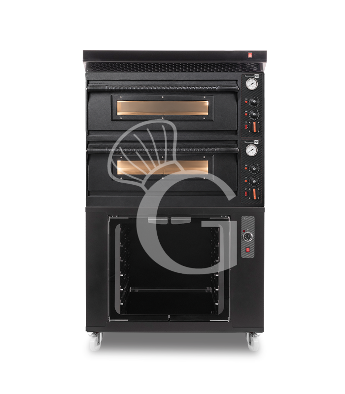 Forno pizza elettrico meccanico 4 + 4 pizze Ø 350 mm - 12 Kw con design nero, cappa nera e cella di lievitazione inox