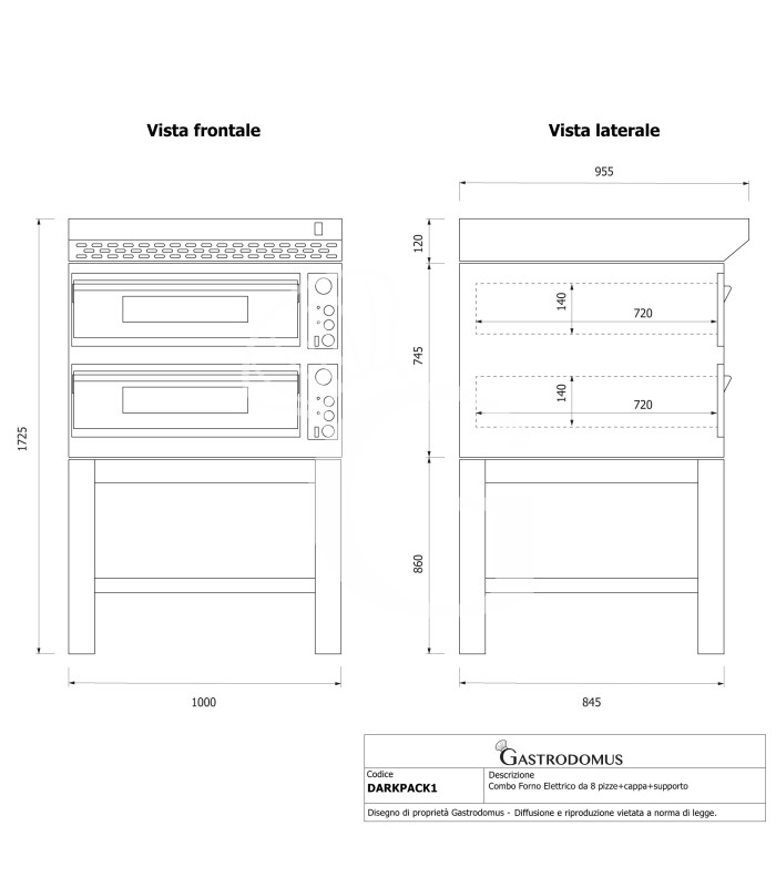 Forno pizza elettrico meccanico 4 + 4 pizze Ø 350 mm - 12 Kw con design nero, cappa nera e supporto