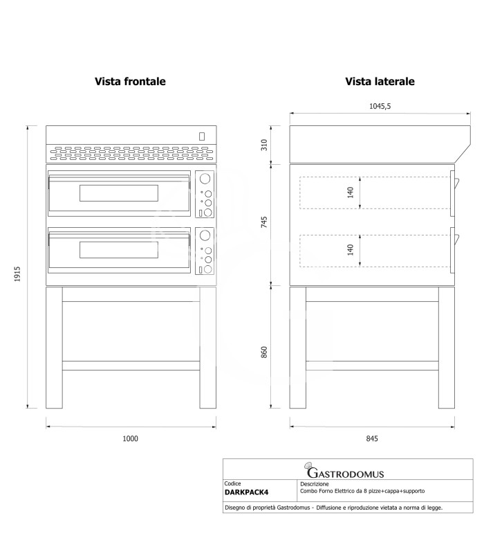 Forno pizza elettrico meccanico 4 + 4 pizze Ø 350 mm - 12 Kw con design nero, cappa a condensazione inox e supporto