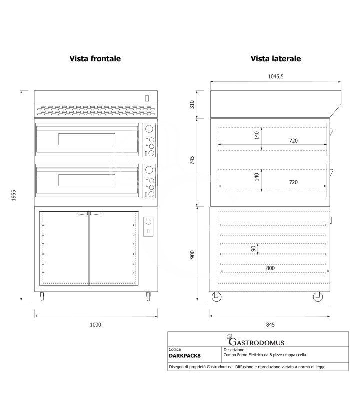 Forno pizza elettrico meccanico 4+4 pizze Ø 350 mm - 12 Kw design nero, cappa a condensazione inox e cella di lievitazione nera