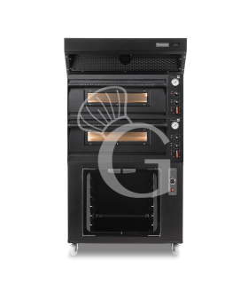 Forno pizza elettrico meccanico 4+4 pizze Ø 350 mm - 12 Kw design nero, cappa a condensazione nera e cella di lievitazione nera