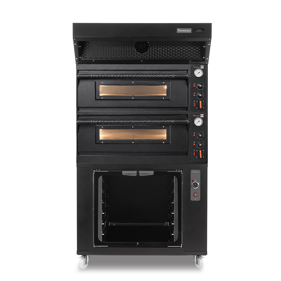 Forno pizza elettrico meccanico 4+4 pizze Ø 350 mm - 12 Kw design nero, cappa a condensazione nera e cella di lievitazione nera