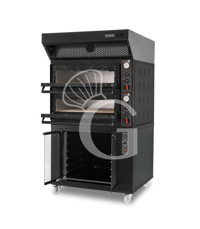 Forno pizza elettrico meccanico 4+4 pizze Ø 350 mm - 12 Kw design nero, cappa a condensazione nera e cella di lievitazione nera