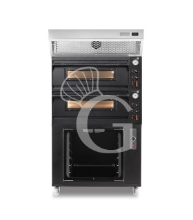 Forno pizza elettrico meccanico 4+4 pizze Ø 350 mm - 12 Kw design nero, cappa a condensazione inox e cella di lievitazione nera