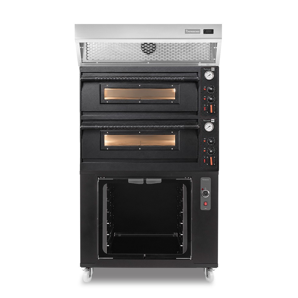 Forno pizza elettrico meccanico 4+4 pizze Ø 350 mm - 12 Kw design nero, cappa a condensazione inox e cella di lievitazione nera