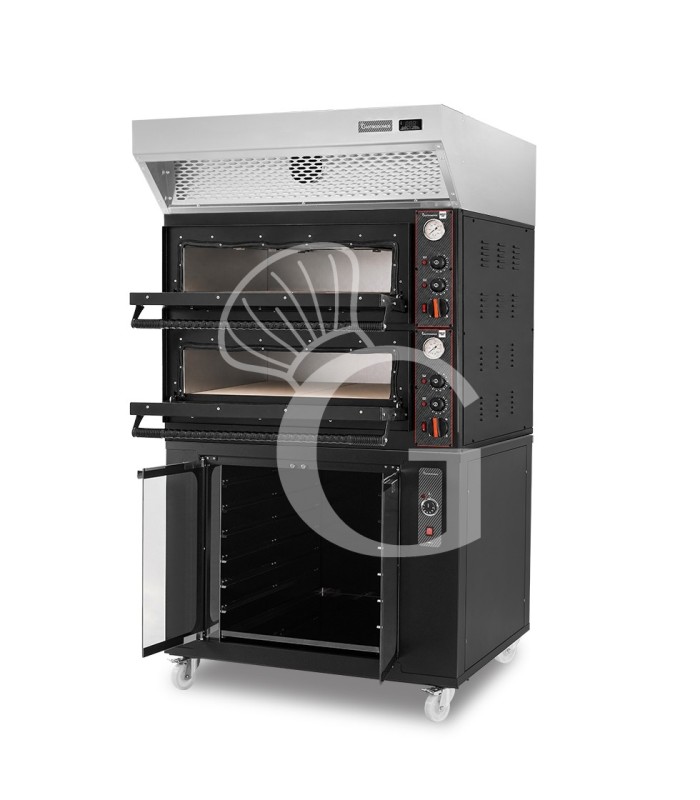 Forno pizza elettrico meccanico 4+4 pizze Ø 350 mm - 12 Kw design nero, cappa a condensazione inox e cella di lievitazione nera