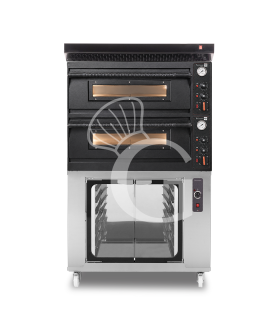 Forno pizza elettrico meccanico 4 + 4 pizze Ø 350 mm - 12 Kw con design nero, cappa nera e cella di lievitazione inox