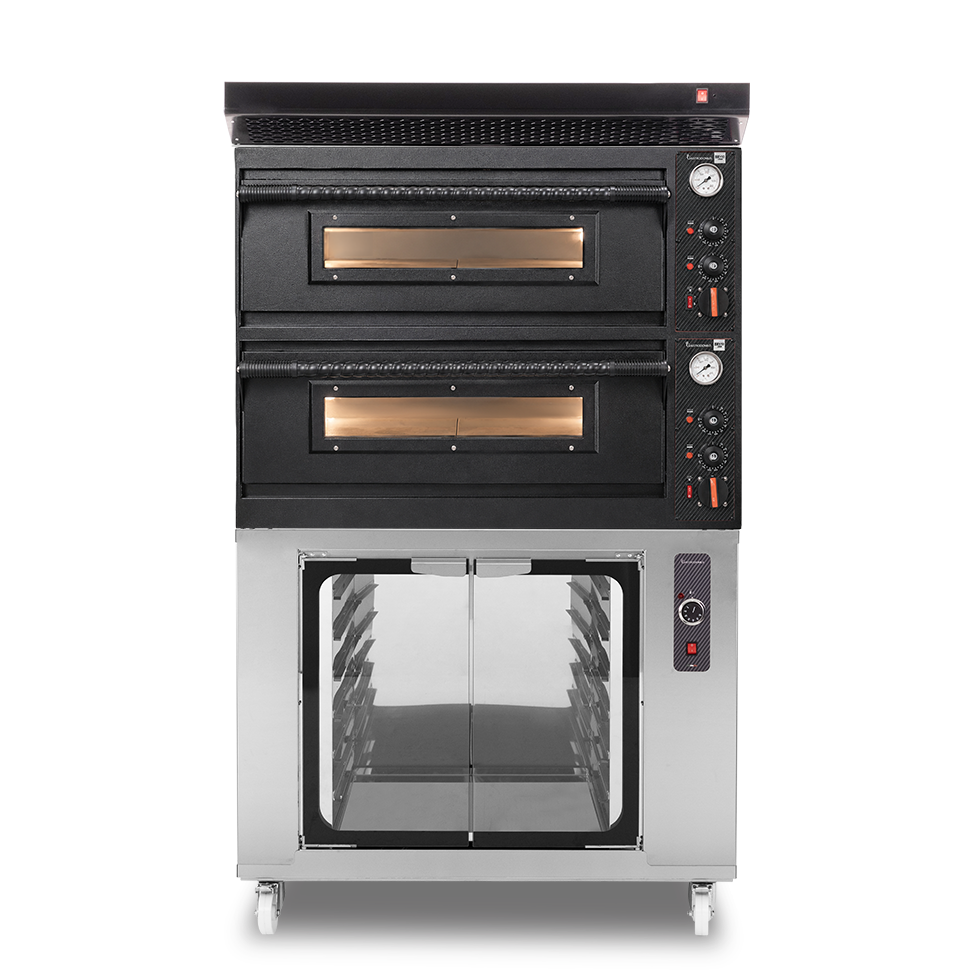Forno pizza elettrico meccanico 4 + 4 pizze Ø 350 mm - 12 Kw con design nero, cappa nera e cella di lievitazione inox