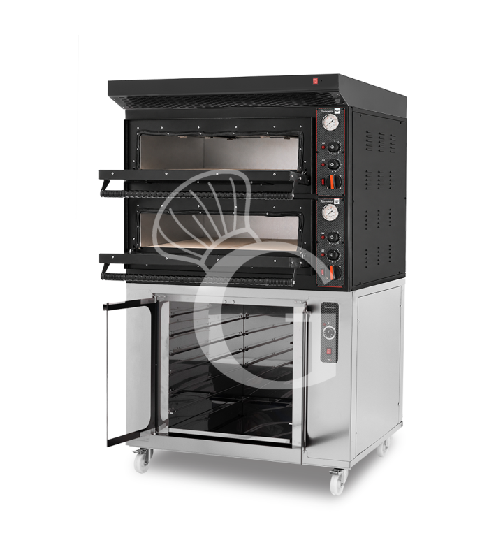 Forno pizza elettrico meccanico 4 + 4 pizze Ø 350 mm - 12 Kw con design nero, cappa nera e cella di lievitazione inox