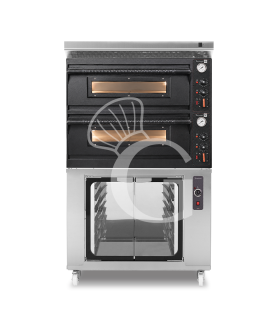 Forno pizza elettrico meccanico 4 + 4 pizze Ø 350 mm - 12 Kw con design nero, cappa inox e cella di lievitazione inox