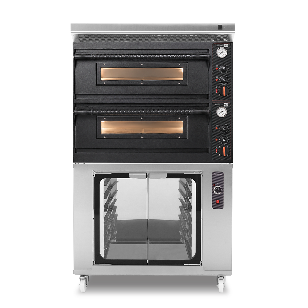 Forno pizza elettrico meccanico 4 + 4 pizze Ø 350 mm - 12 Kw con design nero, cappa inox e cella di lievitazione inox