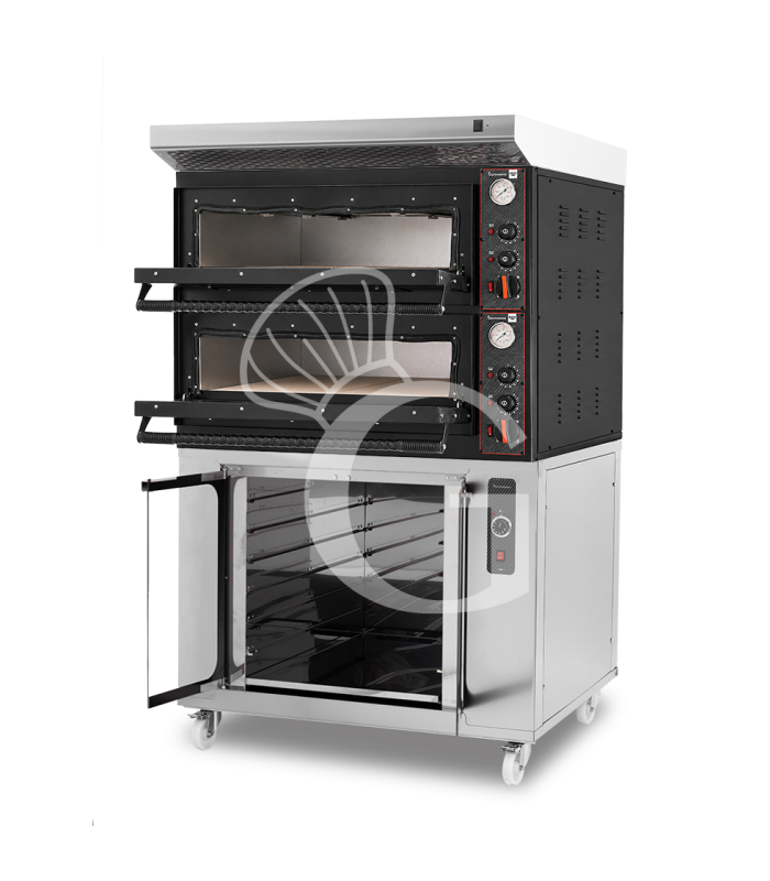 Forno pizza elettrico meccanico 4 + 4 pizze Ø 350 mm - 12 Kw con design nero, cappa inox e cella di lievitazione inox