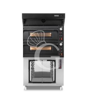 Forno pizza elettrico meccanico 4+4 pizze Ø 350 mm - 12 Kw design nero, cappa a condensazione nera e cella di lievitazione inox