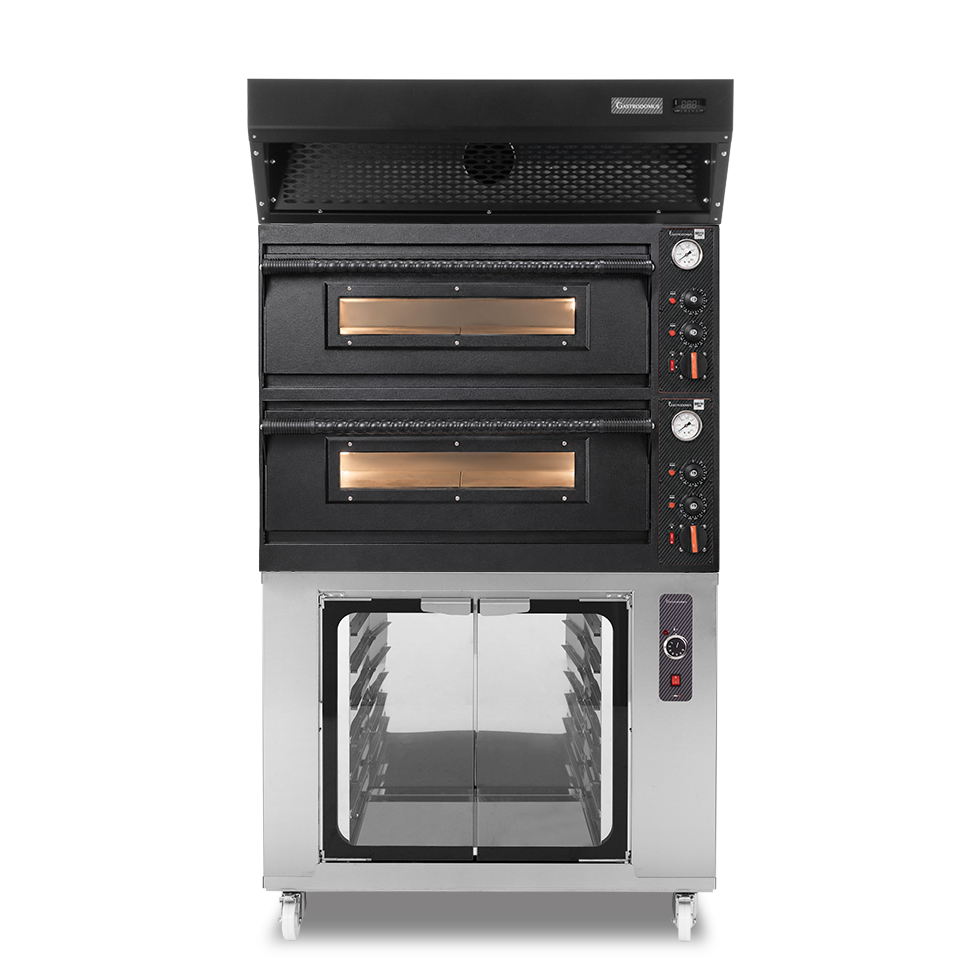 Forno pizza elettrico meccanico 4+4 pizze Ø 350 mm - 12 Kw design nero, cappa a condensazione nera e cella di lievitazione inox
