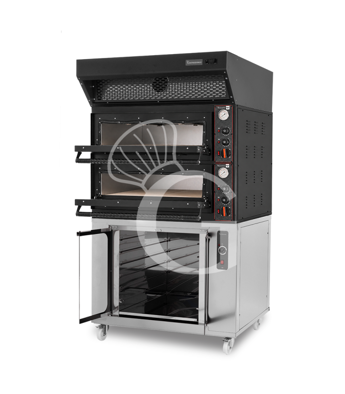 Forno pizza elettrico meccanico 4+4 pizze Ø 350 mm - 12 Kw design nero, cappa a condensazione nera e cella di lievitazione inox