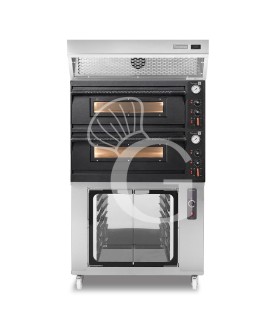 Forno pizza elettrico meccanico 4+4 pizze Ø 350 mm - 12 Kw design nero, cappa a condensazione inox e cella di lievitazione inox