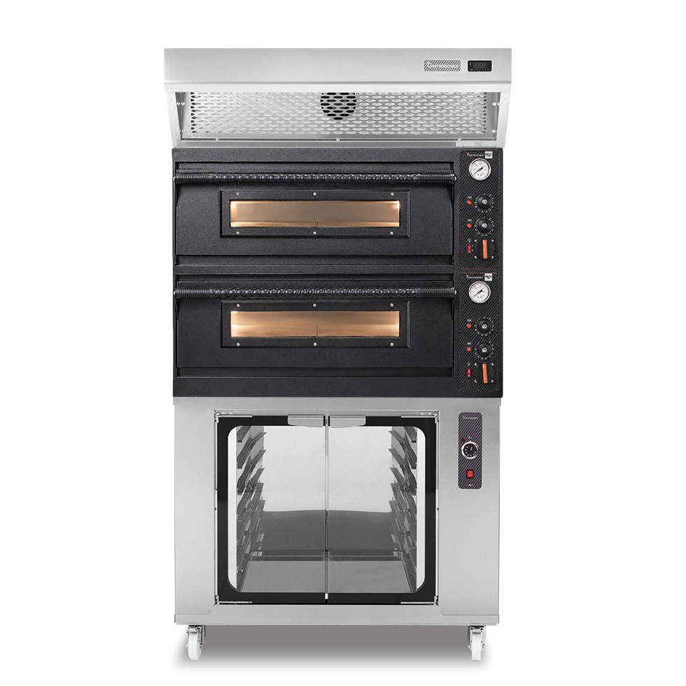 Forno pizza elettrico meccanico 4+4 pizze Ø 350 mm - 12 Kw design nero, cappa a condensazione inox e cella di lievitazione inox