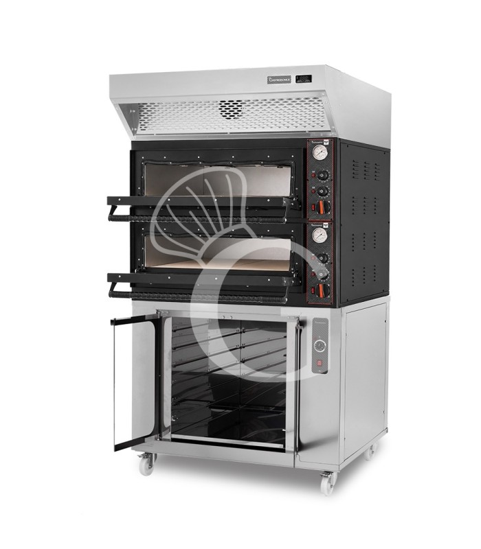 Forno pizza elettrico meccanico 4+4 pizze Ø 350 mm - 12 Kw design nero, cappa a condensazione inox e cella di lievitazione inox