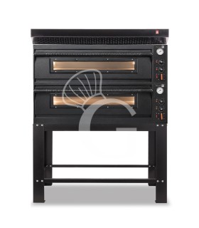 Forno pizza elettrico meccanico 6 + 6 pizze Ø 350 mm - 18 Kw con design nero, cappa nera e supporto