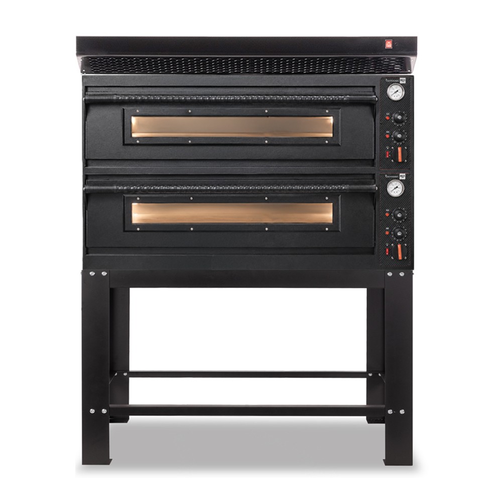 Forno pizza elettrico meccanico 6 + 6 pizze Ø 350 mm - 18 Kw con design nero, cappa nera e supporto