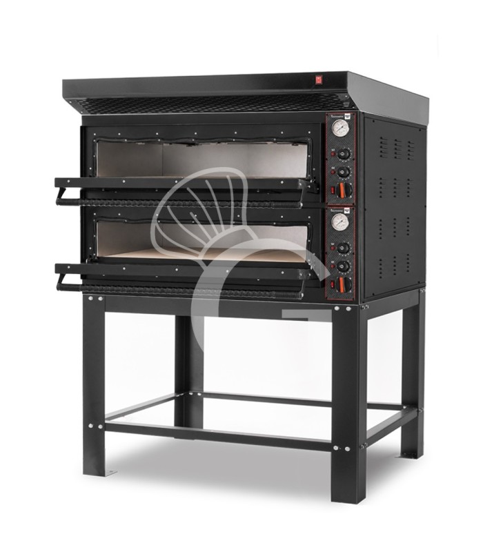 Forno pizza elettrico meccanico 6 + 6 pizze Ø 350 mm - 18 Kw con design nero, cappa nera e supporto