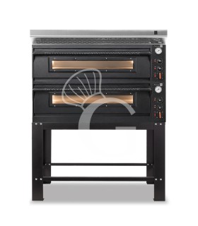 Forno pizza elettrico meccanico 6 + 6 pizze Ø 350 mm - 18 Kw con design nero, cappa inox e supporto