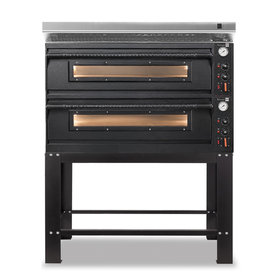 Forno pizza elettrico meccanico 6 + 6 pizze Ø 350 mm - 18 Kw con design nero, cappa inox e supporto