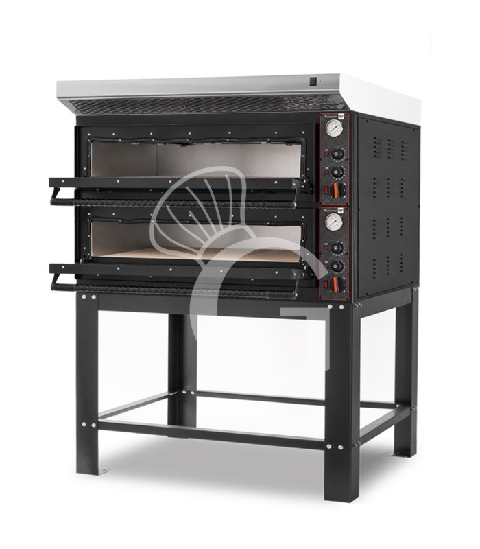 Forno pizza elettrico meccanico 6 + 6 pizze Ø 350 mm - 18 Kw con design nero, cappa inox e supporto
