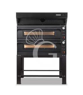 Forno pizza elettrico meccanico 6 + 6 pizze Ø 350 mm - 18 Kw con design nero, cappa a condensazione nera e supporto