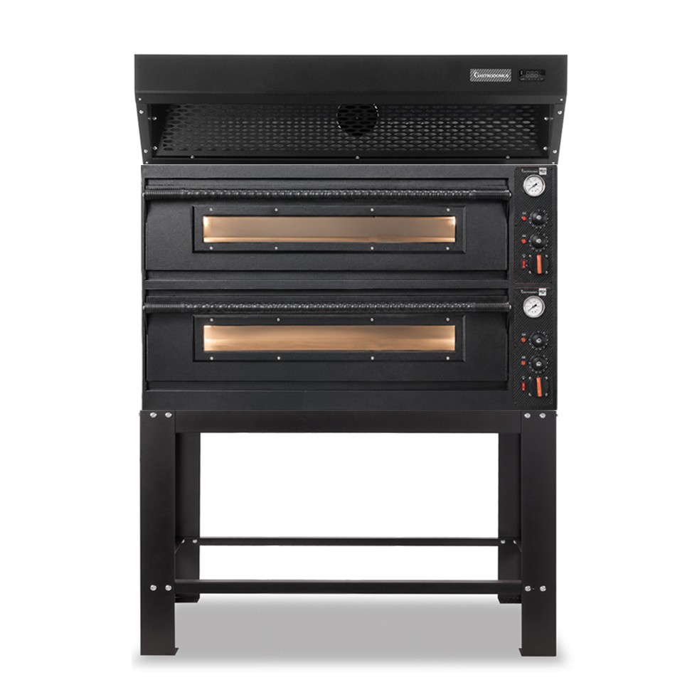 Forno pizza elettrico meccanico 6 + 6 pizze Ø 350 mm - 18 Kw con design nero, cappa a condensazione nera e supporto