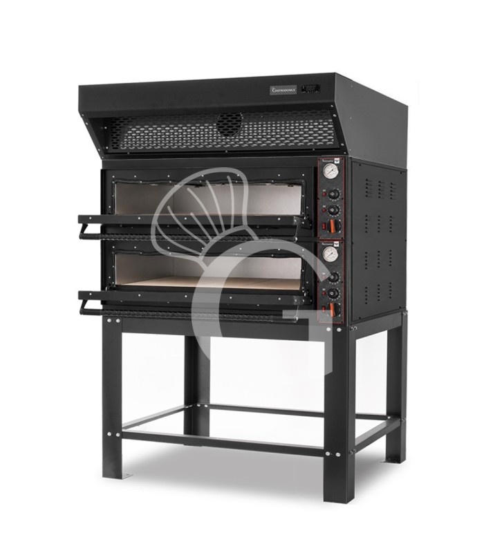 Forno pizza elettrico meccanico 6 + 6 pizze Ø 350 mm - 18 Kw con design nero, cappa a condensazione nera e supporto