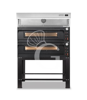 Forno pizza elettrico meccanico 6 + 6 pizze Ø 350 mm - 18 Kw con design nero, cappa a condensazione inox e supporto