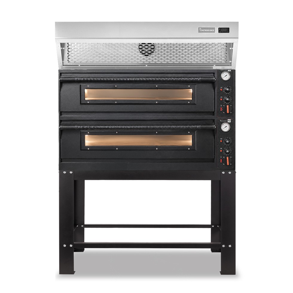 Forno pizza elettrico meccanico 6 + 6 pizze Ø 350 mm - 18 Kw con design nero, cappa a condensazione inox e supporto