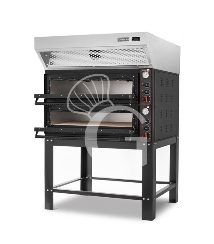 Forno pizza elettrico meccanico 6 + 6 pizze Ø 350 mm - 18 Kw con design nero, cappa a condensazione inox e supporto