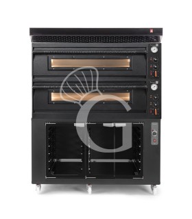 Forno pizza elettrico meccanico 6 + 6 pizze Ø 350 mm - 18 Kw con design nero, cappa nera e cella di lievitazione nera