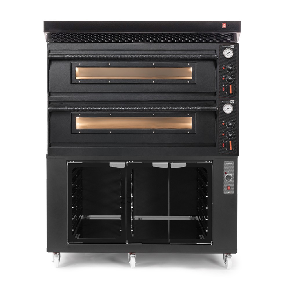 Forno pizza elettrico meccanico 6 + 6 pizze Ø 350 mm - 18 Kw con design nero, cappa nera e cella di lievitazione nera