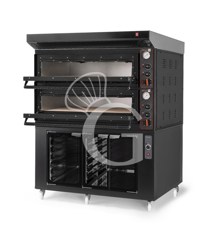 Forno pizza elettrico meccanico 6 + 6 pizze Ø 350 mm - 18 Kw con design nero, cappa nera e cella di lievitazione nera