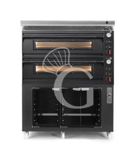Forno pizza elettrico meccanico 6 + 6 pizze Ø 350 mm - 18 Kw con design nero, cappa inox e cella di lievitazione nera