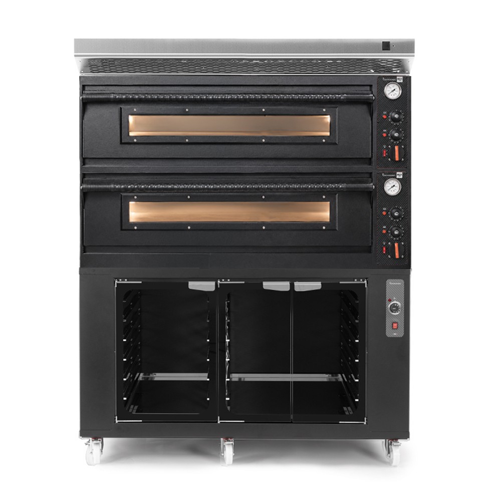 Forno pizza elettrico meccanico 6 + 6 pizze Ø 350 mm - 18 Kw con design nero, cappa inox e cella di lievitazione nera