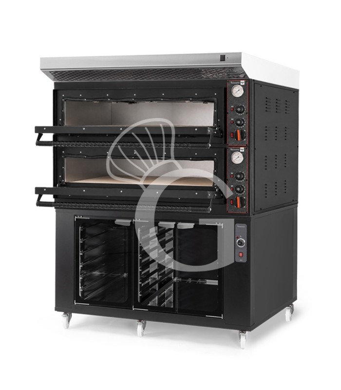 Forno pizza elettrico meccanico 6 + 6 pizze Ø 350 mm - 18 Kw con design nero, cappa inox e cella di lievitazione nera