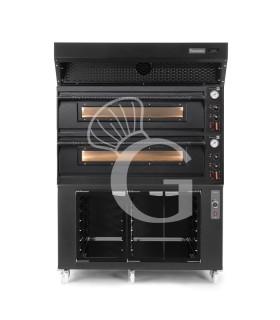 Forno pizza elettrico meccanico 6+6 pizze Ø 350 mm - 18 Kw design nero, cappa a condensazione nera e cella di lievitazione nera