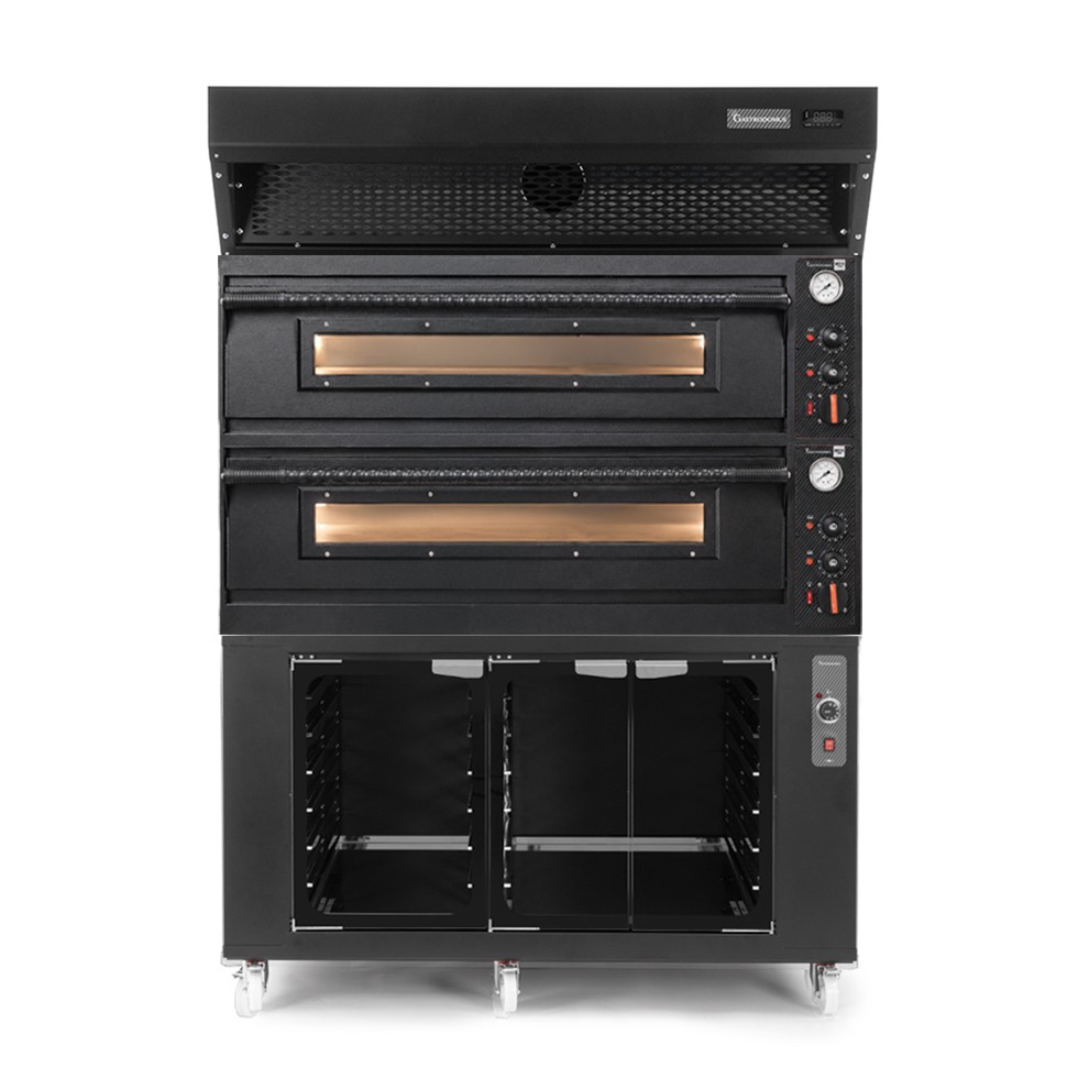 Forno pizza elettrico meccanico 6+6 pizze Ø 350 mm - 18 Kw design nero, cappa a condensazione nera e cella di lievitazione nera