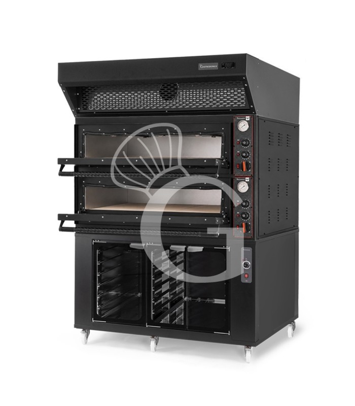 Forno pizza elettrico meccanico 6+6 pizze Ø 350 mm - 18 Kw design nero, cappa a condensazione nera e cella di lievitazione nera