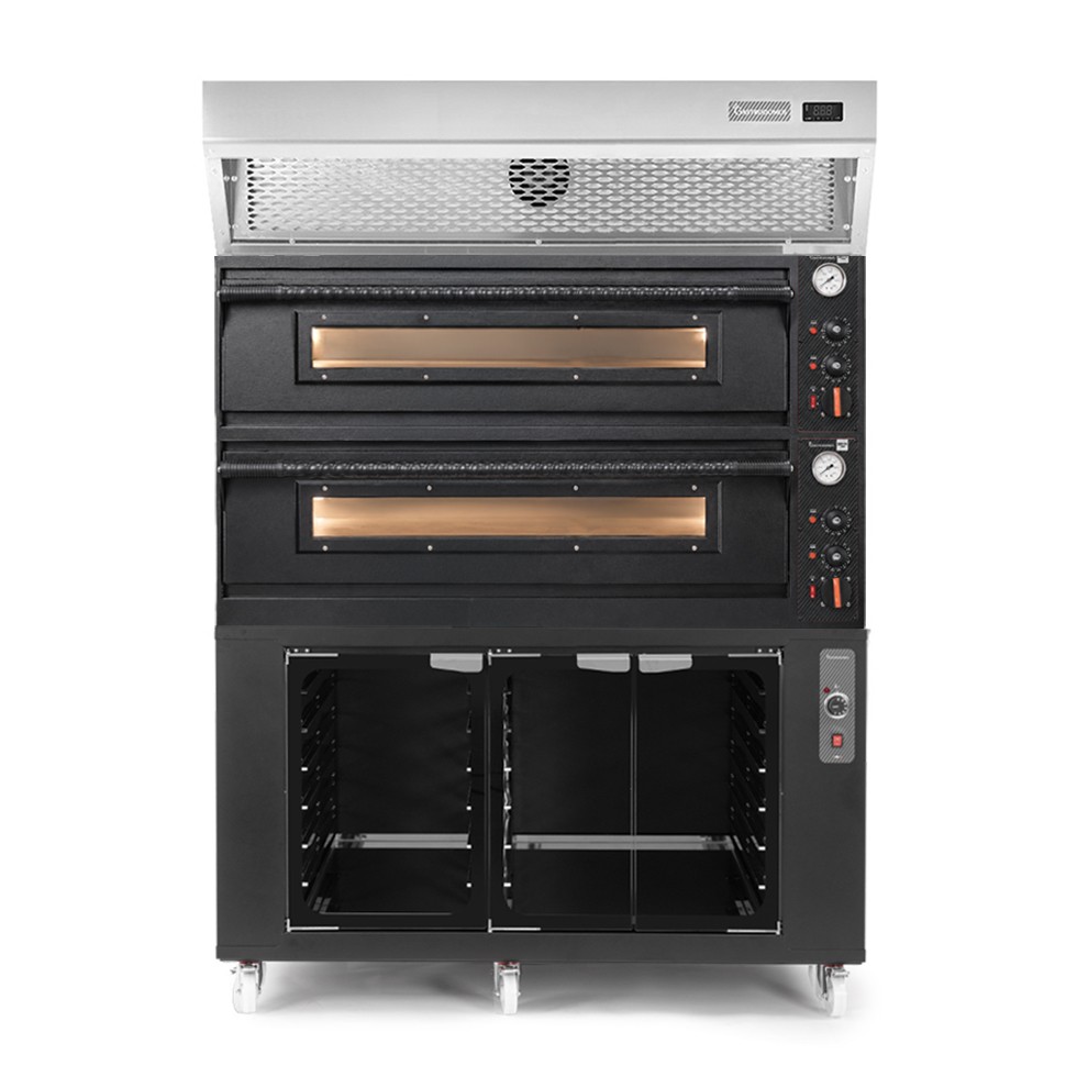 Forno pizza elettrico meccanico 6+6 pizze Ø 350 mm - 18 Kw design nero, cappa a condensazione inox e cella di lievitazione nera