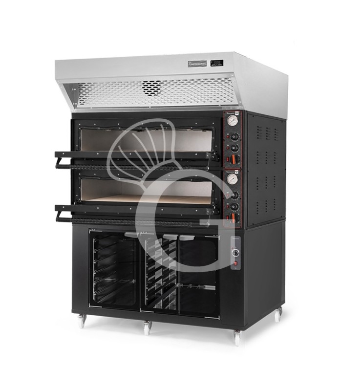 Forno pizza elettrico meccanico 6+6 pizze Ø 350 mm - 18 Kw design nero, cappa a condensazione inox e cella di lievitazione nera