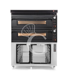 Forno pizza elettrico meccanico 6 + 6 pizze Ø 350 mm - 18 Kw con design nero, cappa nera e cella di lievitazione inox