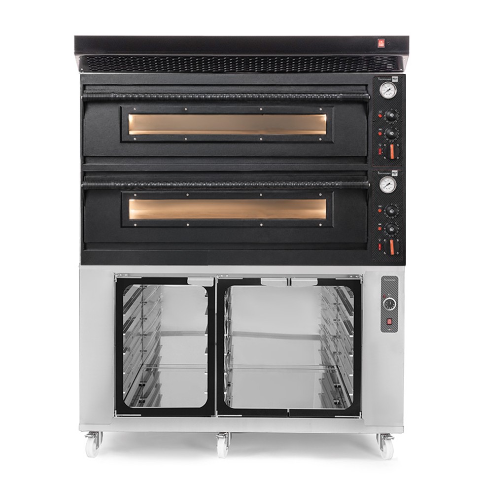 Forno pizza elettrico meccanico 6 + 6 pizze Ø 350 mm - 18 Kw con design nero, cappa nera e cella di lievitazione inox